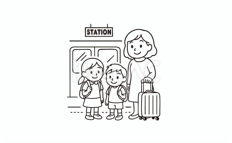 駅で電車を待つママと子供たち 人物,ママ,男の子のイラスト素材