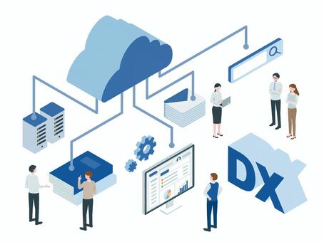 アイソメトリック_DXと人物イメージ アイソメトリック,立体,アイソメ,斜め上,dx,デジタル化,ビジネス,改革,クラウド,データのイラスト素材