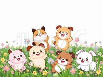 花の中で楽しそうにしているたくさんの動物