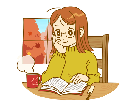 【読書の秋】本を読む女性 秋,読書,女性,読書週間,読む,イラスト素材,紅葉,タートルネック,もみじ,読書の秋のイラスト素材