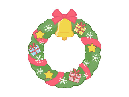 シンプルでかわいいクリスマスリース クリスマス,リース,ベル,鈴,リボン,星,雪,結晶,プレゼント,箱のイラスト素材
