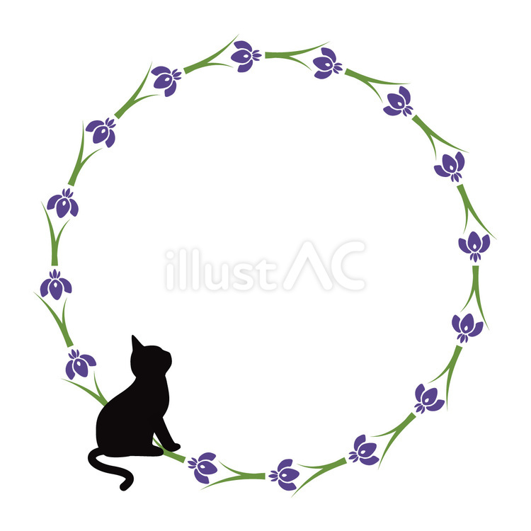 猫とアヤメの丸いフレーム01 猫,アヤメ,菖蒲のイラスト素材