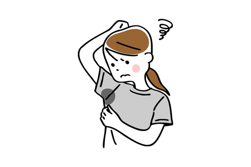 脇の汗染みに悩む女性＿グレーT 脇,汗,シミ,夏,多汗症,汗っかき,悩み,悩む,困る,気になるのイラスト素材