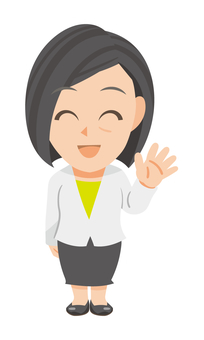 手を振る年配ビジネスウーマンのSD 先生,教師,教員,指導員,スーツ,仕事着,ビジネス,会社,社会人,手を振るのイラスト素材