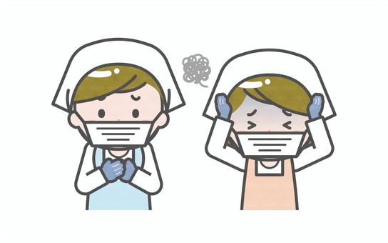 ミニ_2人_調理員の男女06 男性,女性,大人,職業,仕事,調理員,料理人,スタッフ,エプロン,手袋のイラスト素材