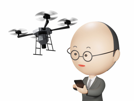 スマホでドローンを操作するスーツおじさん おじさん,中年,男性,喜び,スーツ,ドローン,スマホ,中年男性,メガネ,ゆるいのイラスト素材