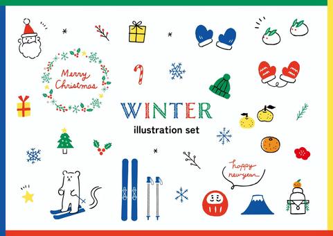 冬イラストセットカラフル 冬,winter,クリスマス,柚子,みかん,お正月,happynewyear,だるま,富士山,鏡餅のイラスト素材