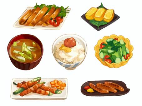 家庭料理のイラストセット 料理,家庭料理,ステーキ,ミニトマト,卵焼き,味噌汁,ネギ,ご飯,食品,梅干しのイラスト素材