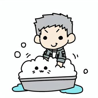 猫を洗うおじいさん おじいさん,猫,洗う,キレイ,洗浄,泡,たらい,桶,バケツ,ペットのイラスト素材
