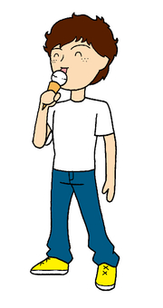 男性アイスクリーム　イラスト 男性,茶髪,アイスクリーム,白色,tシャツ,水色,ズボン,黄色,スニーカー,背景のイラスト素材