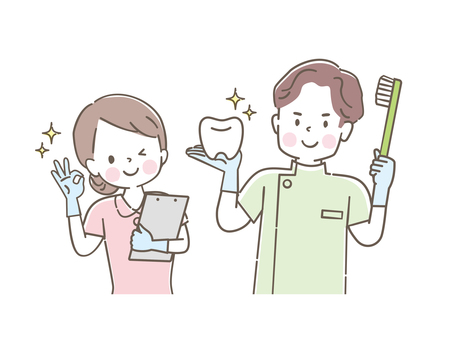 笑顔の歯科医師と歯科助手 歯科,模型,歯科医師,歯ブラシ,歯,男女,女性,男性,歯科衛生士,歯科助手のイラスト素材