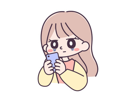 スマホ依存の女の子の手描きイラスト スマホ,スマートフォン,携帯電話,クマ,寝不足,スマホ依存,ベクター,手描き,女性,女の子のイラスト素材