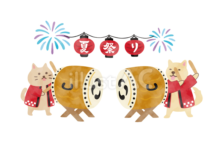 太鼓を叩く猫と犬　水彩 夏,夏祭り,花火のイラスト素材
