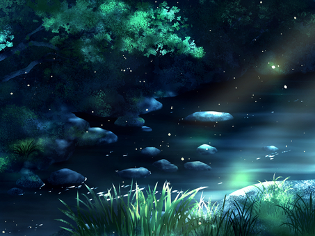 心が落ち着く癒しの風景【8】 森,清流,月明かり,自然風景,リラックス,静寂,幻想的,神秘的,リアルイラスト,素材のイラスト素材