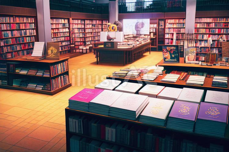 本屋さん店内の風景画＿背景画 本屋,ブックストア,店内のイラスト素材