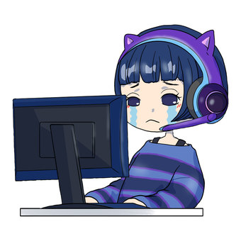 ゲームする人2_泣き ゲーム,ゲーマー,パソコン,モニター,ヘッドセット,猫耳,女性,人物,手描き,かわいいのイラスト素材