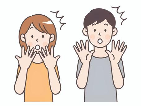 びっくりしている男女 驚く,びっくり,手,広げる,心配,ショック,不安,悩み,考える,悩むのイラスト素材