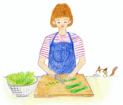 色鉛筆で描いた料理中のイラスト 色鉛筆で描いた料理中のイラスト 料理,野菜,カット,包丁,まな板,サラダ,猫,女性,食材,イラストのイラスト素材