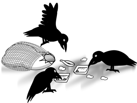 ゴミを荒らすカラス（モノトーン） カラス,ごみ捨て場,ゴミ,獣害,網,対策,ゴミ袋のイラスト素材