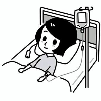 点滴している女性　白黒 入院,白黒,点滴,女性,医療,病院,ベッド,ナースコール,病衣,若いのイラスト素材