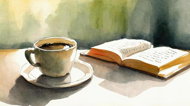 Coffee cup and book _1 watercolor, , JPG