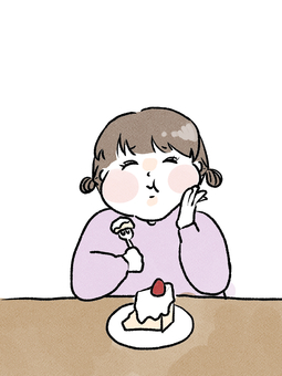 ケーキを食べる女の子 ケーキ,女の子,笑顔,いちご,お団子ヘアのイラスト素材