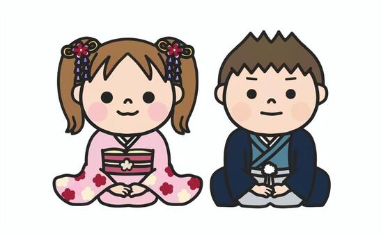 着物姿で並んで正座する男の子と女の子3 お正月,正座,和服,着物,男女,ペア,和装,挨拶,新年,新春のイラスト素材