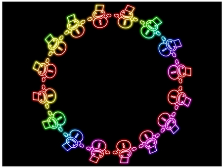 雪だるまのフレ−ム　ネオン　円　虹色 雪だるま,雪ダルマ,円,丸,サークル,フレーム,ポストカード,メッセージカード,飾り枠,あしらいのイラスト素材