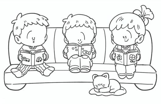 本を読む子どもたちの白黒手描きイラスト1 読書,白黒,子ども,本,手描き,絵本,挿絵,かわいい,モノクロ,線画のイラスト素材