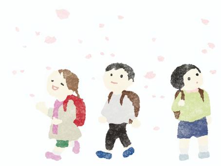 桜舞う道を歩く子ども  主線なし 桜,花びら,子供,春,手書き,イラスト,人物,かわいい,小学生,桜吹雪のイラスト素材