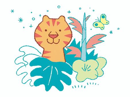 虎とジャングル 虎とジャングル ジャングル,森,森林,蝶,葉っぱ,植物,虎,タイガー,トラ,動物のイラスト素材
