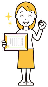  ロングヘア女性(黄)-502-全身 表彰状,女性,女の子,人物,かわいい,資格,認定,検定,免許,若いのイラスト素材