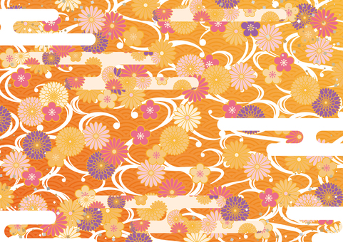 カラフルな花柄の和風背景素材 和風,和柄,花,雲,渦,模様,背景のイラスト素材