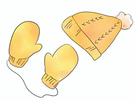 ミトンと帽子（黄色） 防寒具,ミトン,帽子,毛糸,冬,冬物,黄色,水彩風のイラスト素材