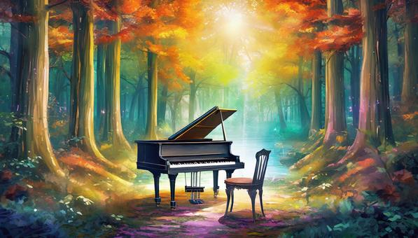 piano in the forest, piano, woods, fantasy, JPG