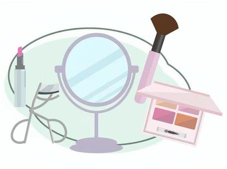 メイク用品のイラスト素材セット メイク,コスメ,化粧品,美容,ファンデーション,アイシャドウ,鏡,口紅,リップ,ビューラーのイラスト素材