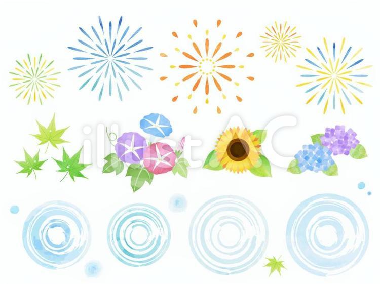 夏祭り　水彩風・夏・和　セット あじさい,梅雨,夏のイラスト素材
