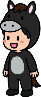 黒の馬の着ぐるみの男の子です。 馬,着ぐるみ,シンプルのイラスト素材