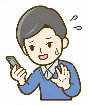 スマホを見て慌てる男性_25 スマホを見て慌てる男性_25 男性,人物,人,スマホ,スマートフォン,ケータイ,汗,見る,見て,慌てるのイラスト素材