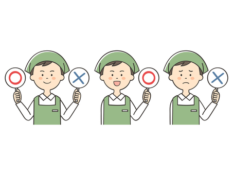 まるばつクイズをする男性店員のセット まるばつクイズをする男性店員のセット まるばつ,丸,バツ,札,クイズ,解答,回答札,問題,バラエティ,店員のイラスト素材