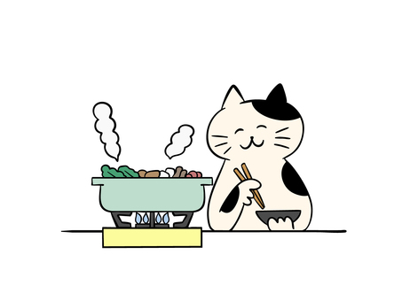 鍋ものを楽しむ猫（カラー） 猫,鍋,鍋物,寄せ鍋,食事,湯気,コンロ,卓上コンロ,暮らし,かわいいのイラスト素材
