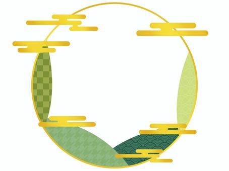 Round frame with golden clouds and green Japanese pattern, japanese style, cloud, frame, JPG and PNG