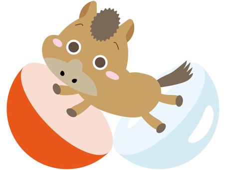 カプセルの上で跳ねる馬キャラのイラスト 干支,馬,キャラクター,カプセル,ガチャ,カプセルトイ,飛ぶ,跳ねる,動き,躍動感のイラスト素材