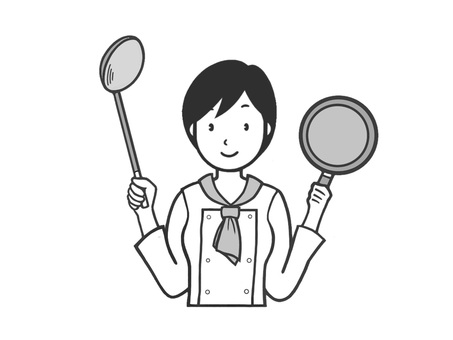 料理を作るプロのコック(料理人) 料理人,調理師,コック,フライパン,お玉,職業,お仕事,笑顔,制服,手描きのイラスト素材