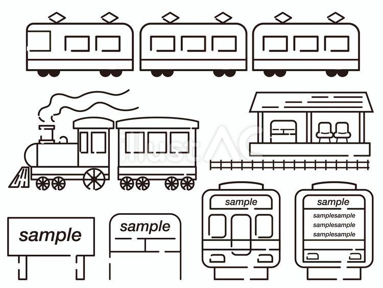 電車の線画イラストセット 蒸気機関車,汽車,フレームのイラスト素材