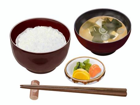 ご飯みそ汁セット（漬物付き）8 食べ物,和食,日本食,定食,セット,ごはん,白米,みそ汁,豆腐,わかめのイラスト素材
