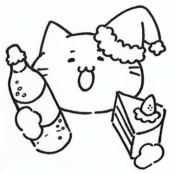 パーティねこ(白黒) パーティ,クリスマス,ねこ,ゆるかわ,ゆるキャラ,白黒,線画,アナログのイラスト素材