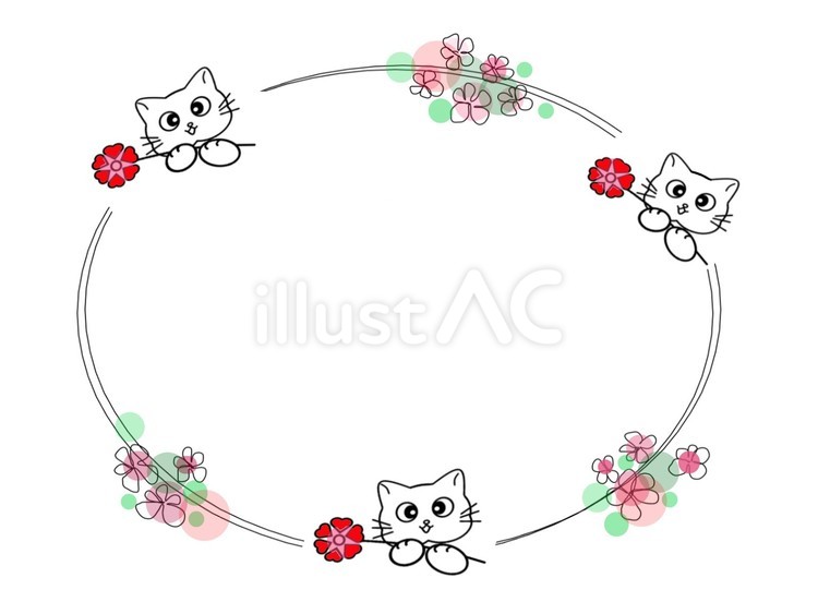 花と笑顔の猫さんが可愛い大きなフレーム 笑顔,猫,可愛いのイラスト素材