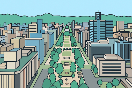 大通を貫く緑の公園 札幌の都市景観 大通を貫く緑の公園 札幌の都市景観 札幌,大通公園,都市景観,街並み,公園,緑地,ビル,高層ビル,北海道,観光のイラスト素材