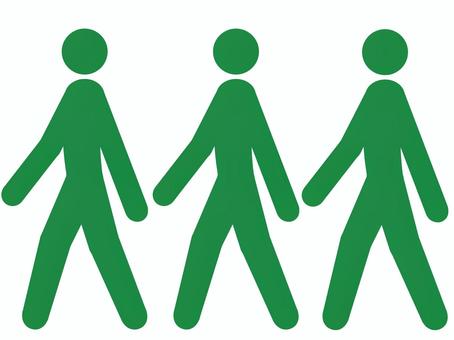 歩いて前進する3人のピクトグラム（緑） 人,人物,ピクトグラム,3人,全身,立ち絵,前進,歩行,歩く,散歩のイラスト素材